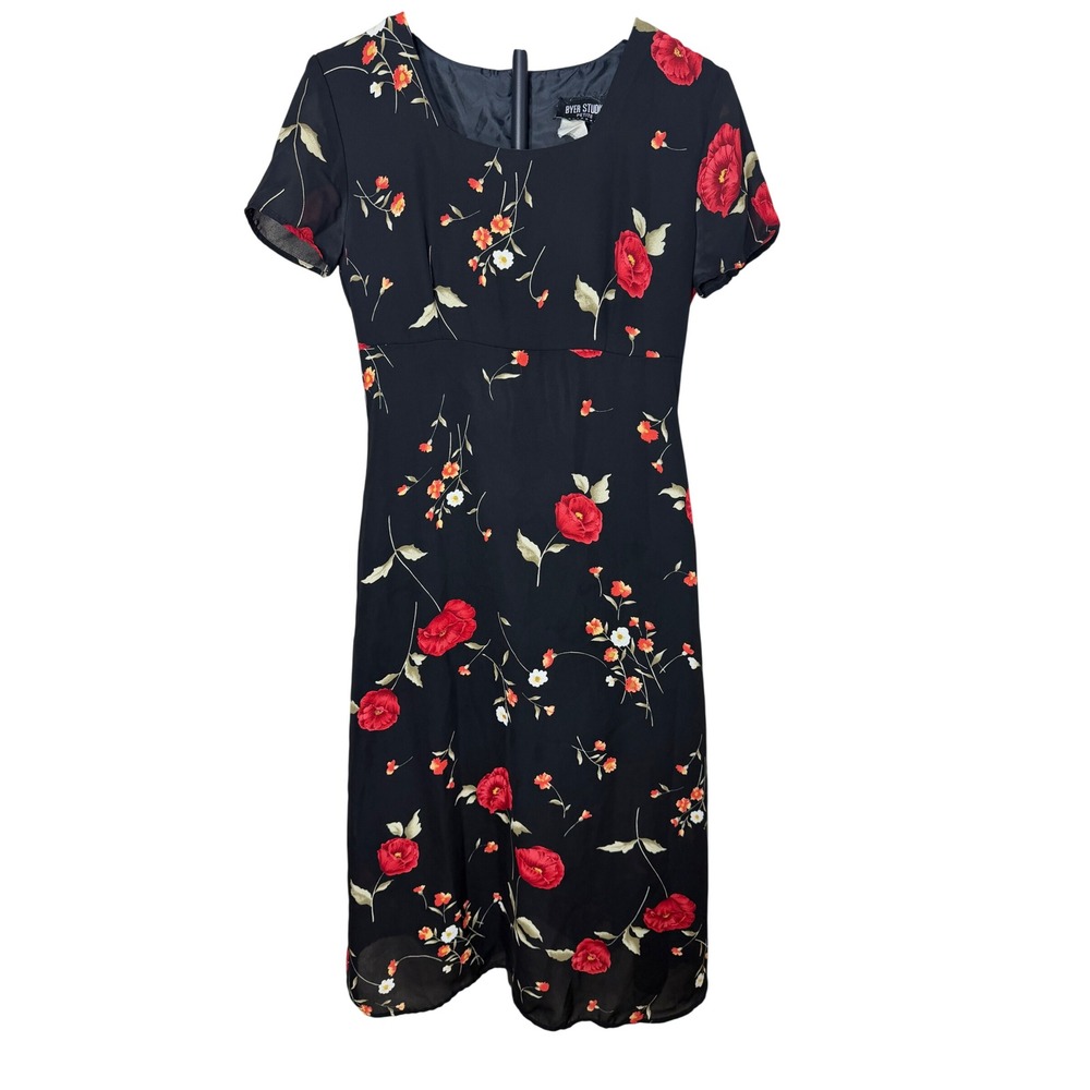 Byer Studio California Vintage Petite Black Red Poppy Floral Empire‎ Maxi Dress